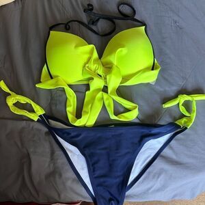 Neon Yellow/Blue 2pc bikini , front tie, back clasp , some push up support in cu